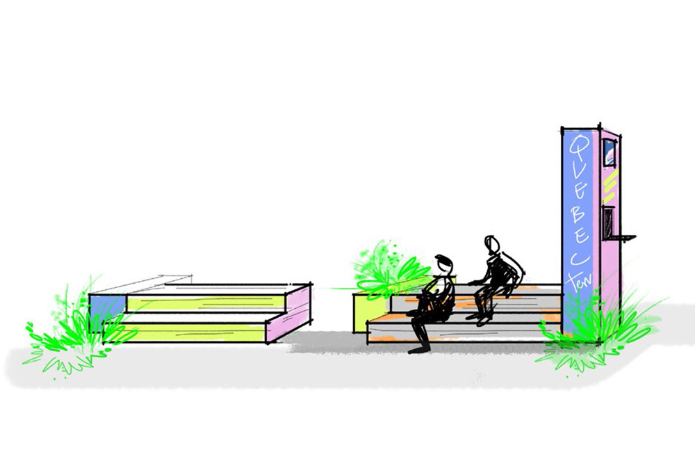 Illustration of two people sitting on steps next to a blue vertical sign labeled "QUEBEC," surrounded by plants and modern outdoor seating.