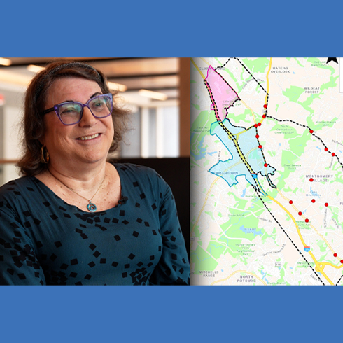 A person with glasses and shoulder-length hair sits indoors, smiling, next to a detailed Montgomery Planning map featuring colored regions and routes.