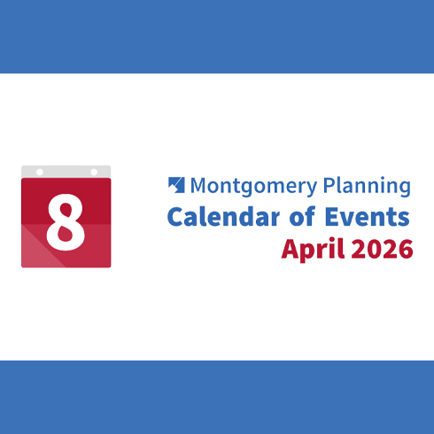Graphic featuring a red calendar icon with the number 8, and "Montgomery Planning Calendar of Events April 2026" displayed on a crisp white and blue background, highlighting key Montgomery Planning dates.