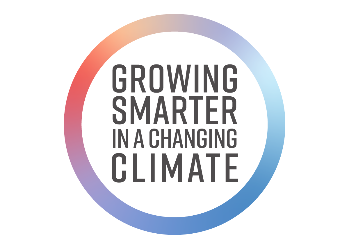 A circular gradient ring with "Growing Smarter in a Changing Climate" centered inside. The ring, designed by Montgomery Planning, fades from red to orange to blue.