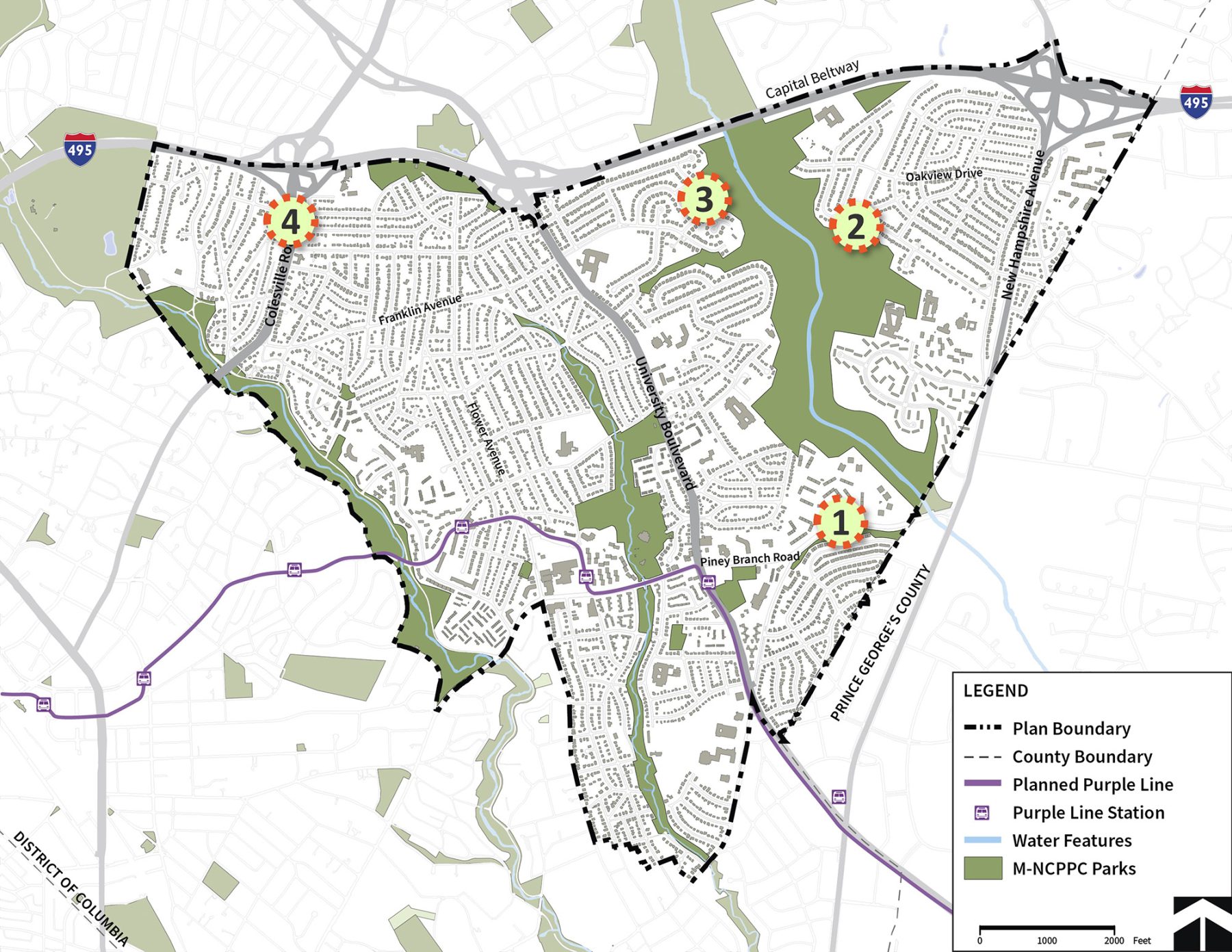 A map of the Eastern Silver Spring Communities Plan area showing the location of the four placemaking locations:
1) Quebec Terrace Neighborhood Park located south of Piney Branch Road east of University Boulevard
2) Northwest Branch Trailhead located at the western terminus of Oakview Drive
3) Franklin Knolls located between 9607 and 9507 McAlpine Road
4) Hastings Conservation Area located on the east side of Colesville Road at the intersection of Hastings Drive 