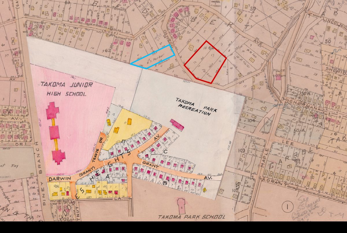 Historical map showing Takoma Junior High School, Takoma Park Recreation, surrounding streets, and highlighted areas in red and blue. Buildings and property lines are detailed.