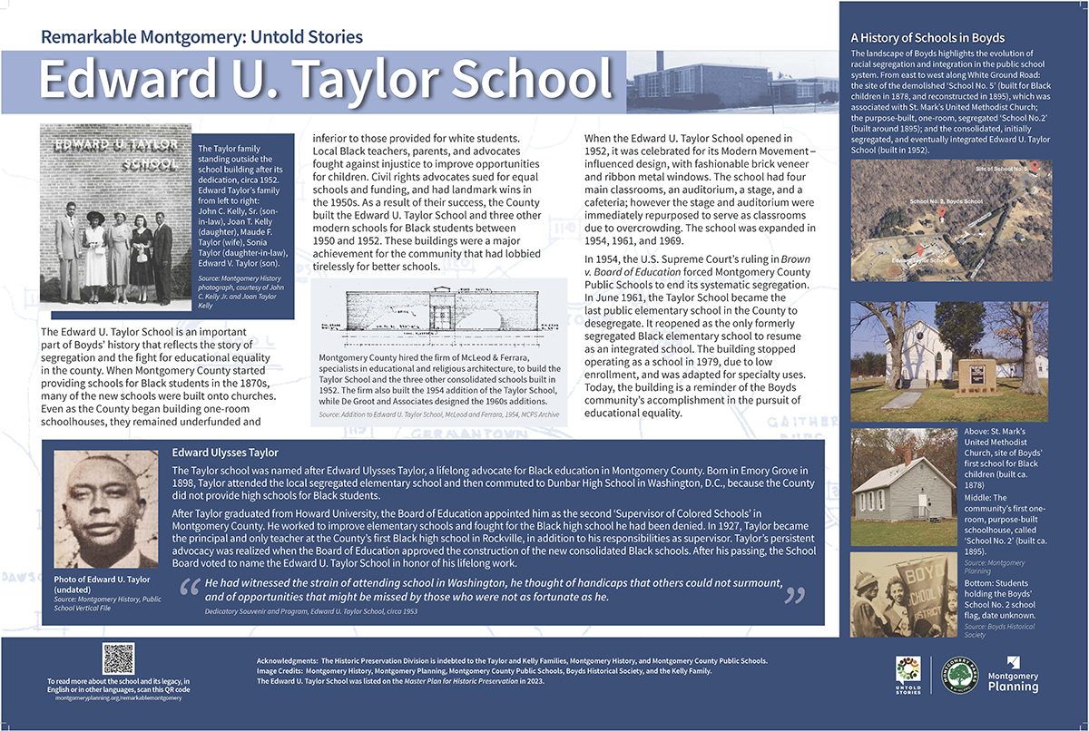 Informational display panel about Edward U. Taylor School, featuring historical photos, timeline, text about the school's history, Edward U. Taylor’s biography, and images of related school buildings.