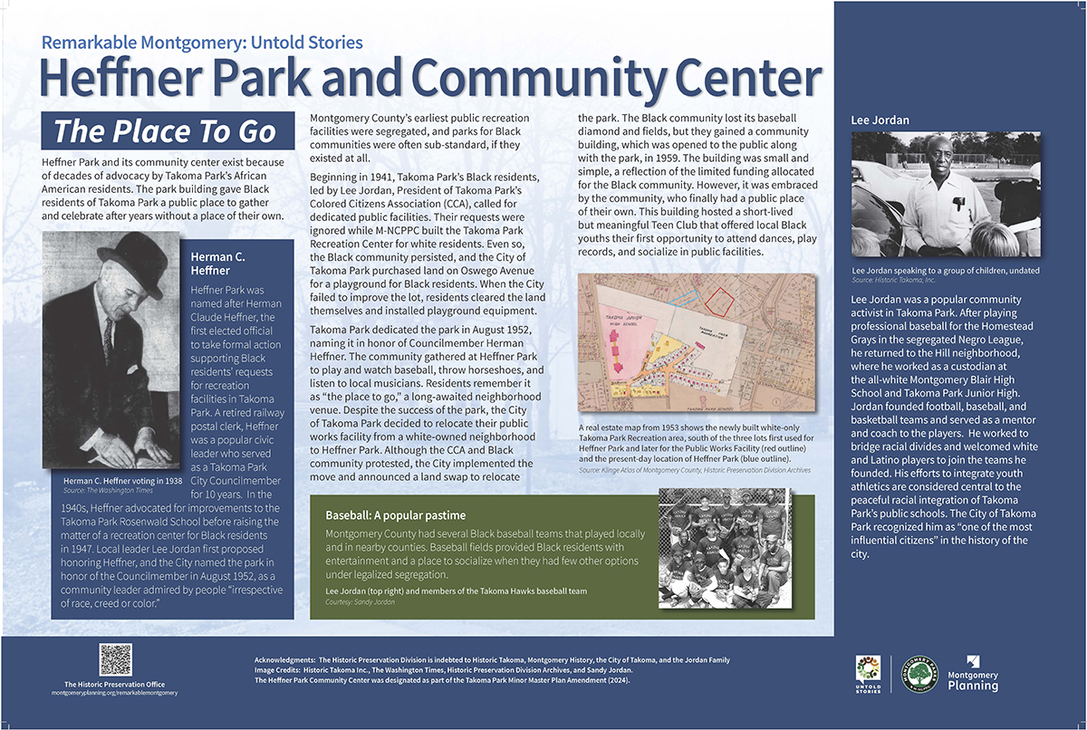 Informational display about Heffner Park and Community Center in Takoma Park, Maryland, featuring historical text, photos, a map, and highlights of local Black history and baseball culture.