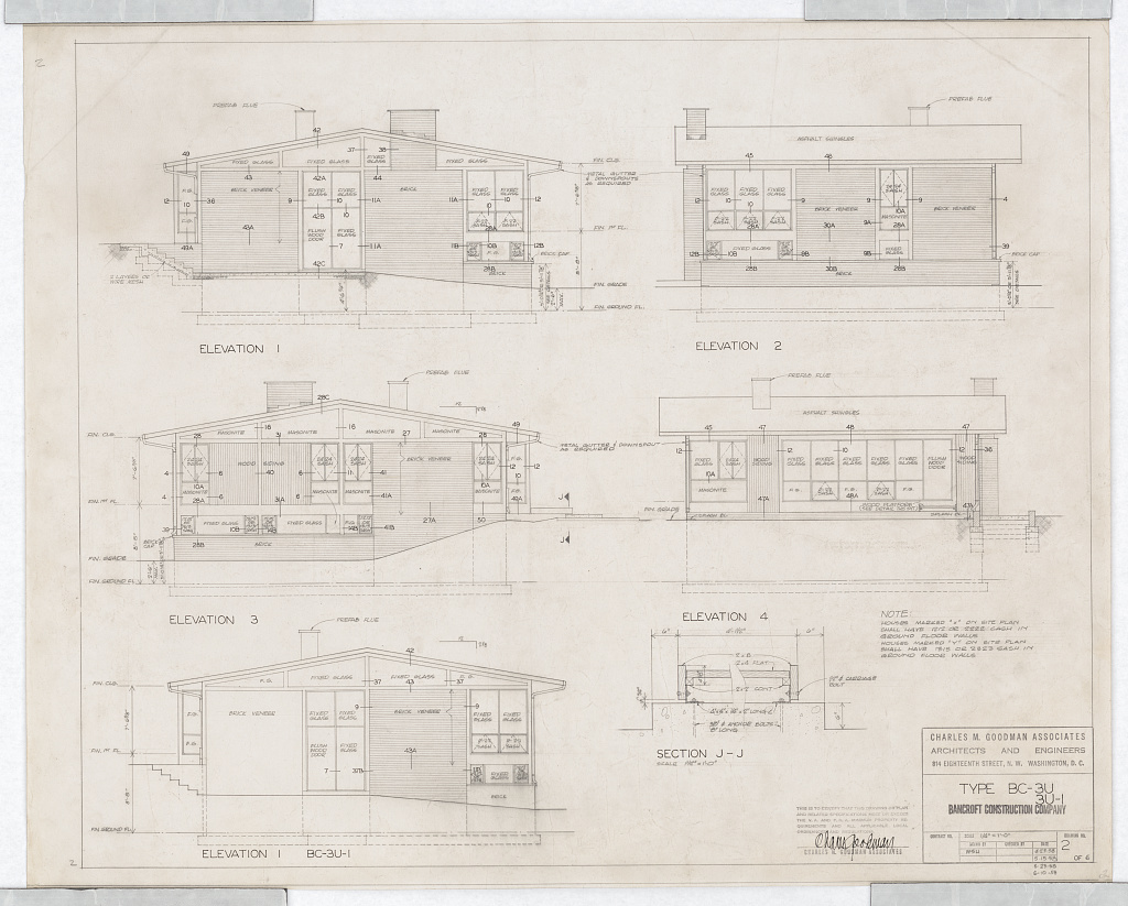 Architectural blueprint showing four building elevations and a sectional view, labeled with measurements and construction notes. Title block indicates "Type BC-314" by Charles S. Goodman Associates.