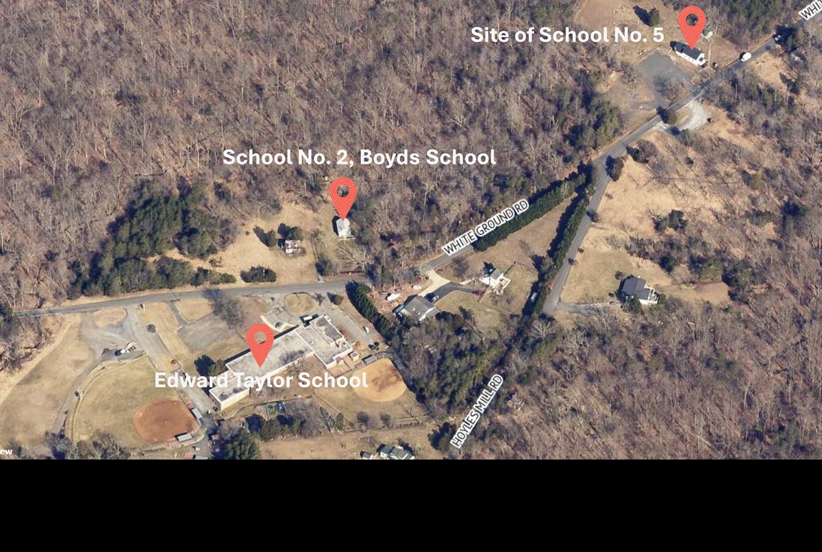 An aerial view of a rural area with labeled markers showing Edward Taylor School, School No. 2, Boyds School, and Site of School No. 5 along White Ground Road.