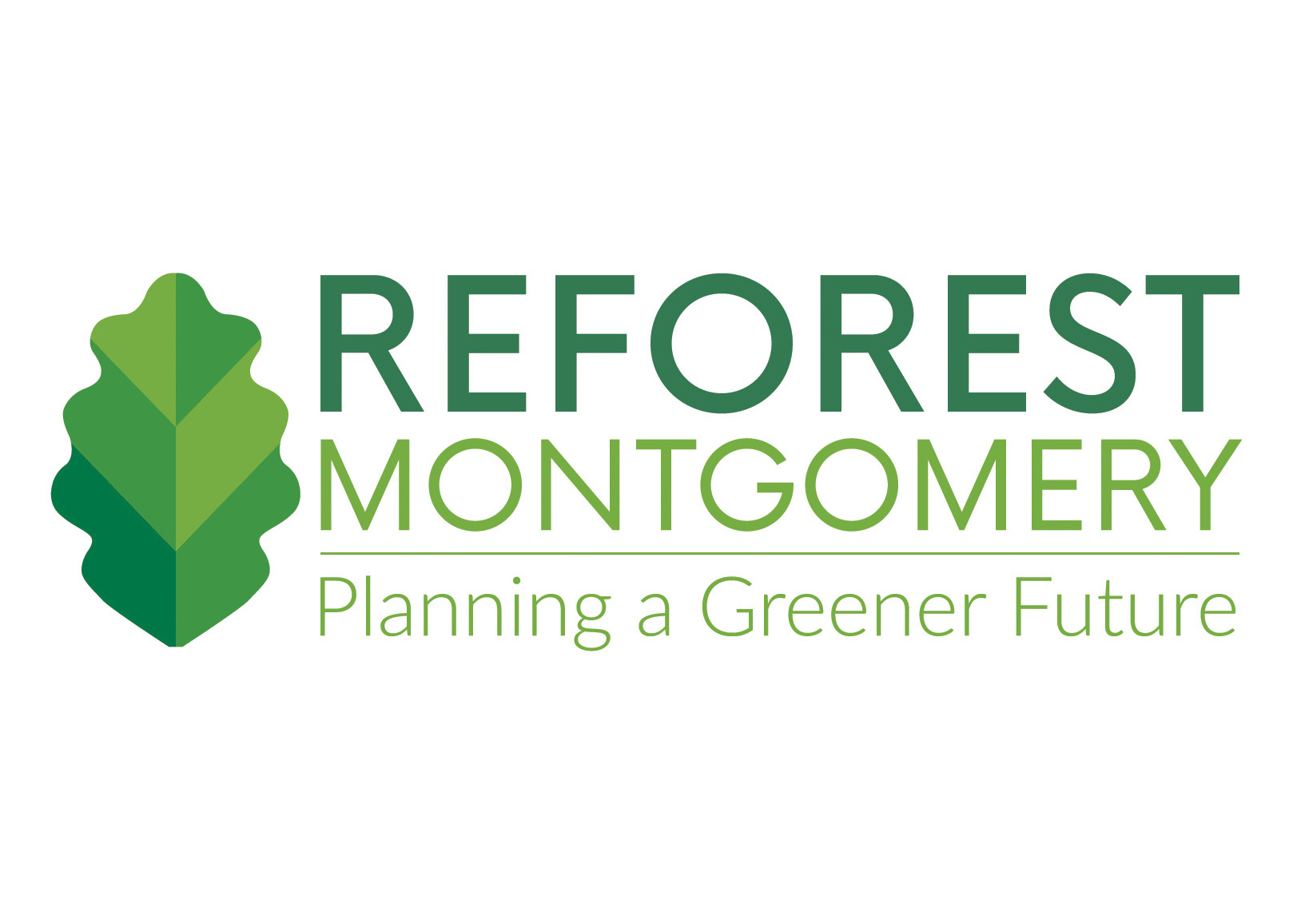 Logo for Reforest Montgomery with a green leaf graphic and the text "Reforest Montgomery Planning a Greener Future" in green letters, highlighting the Montgomery Planning commitment to sustainability.