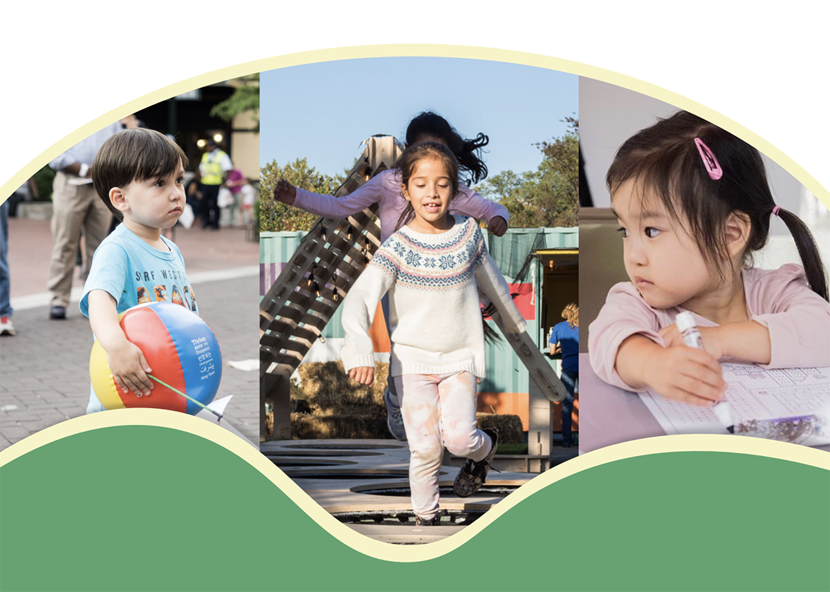 Three young children: one holding a beach ball, one running on playground equipment, and one drawing at a desk—enjoying spaces thoughtfully designed by Montgomery Planning.