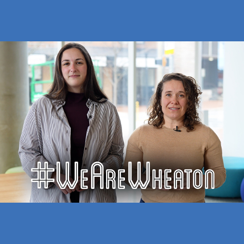 Two people stand indoors facing the camera, both smiling slightly. Text overlay reads "#WeAreWheaton," highlighting their connection to Montgomery Planning.