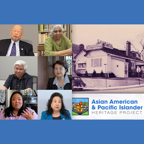 Collage of Asian American and Pacific Islander individuals, an old photo of a Shanghai restaurant, the logo for the Asian American & Pacific Islander Heritage Project, and a nod to Montgomery Planning’s community history initiatives.