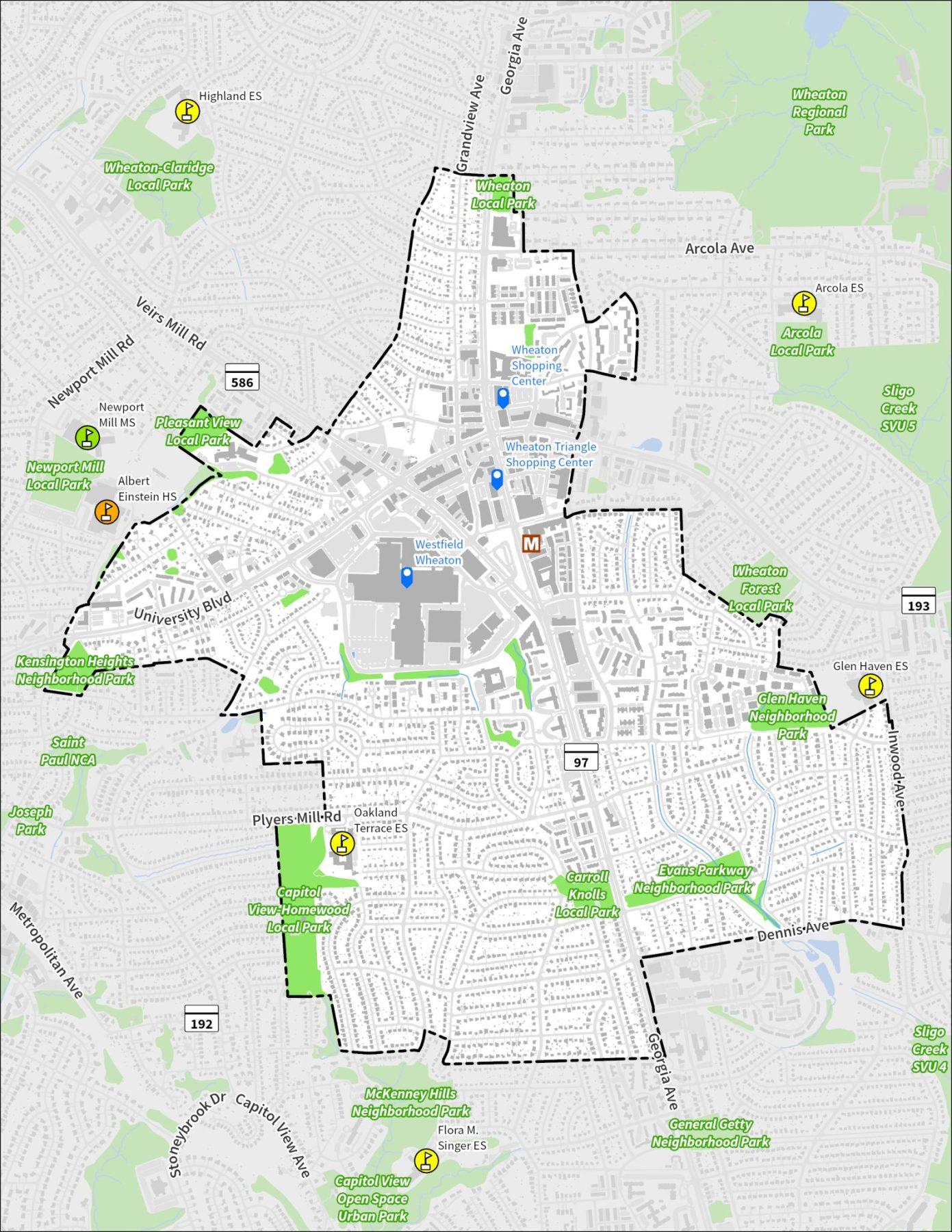 Map of University Heights area with labeled parks, schools, and roads. Black dashed line marks neighborhood boundaries; icons highlight locations of interest.