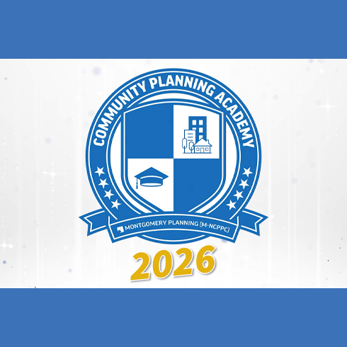 Community Planning Academy 2026 logo featuring a blue and white shield with a graduation cap and buildings, highlighted by a circular banner, stars, and the Montgomery Planning name.