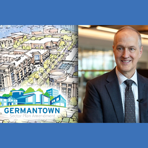A split image shows an illustrated map labeled "Germantown Sector Plan Amendment" on the left and a man in a suit smiling indoors on the right, highlighting Montgomery Planning’s involvement.