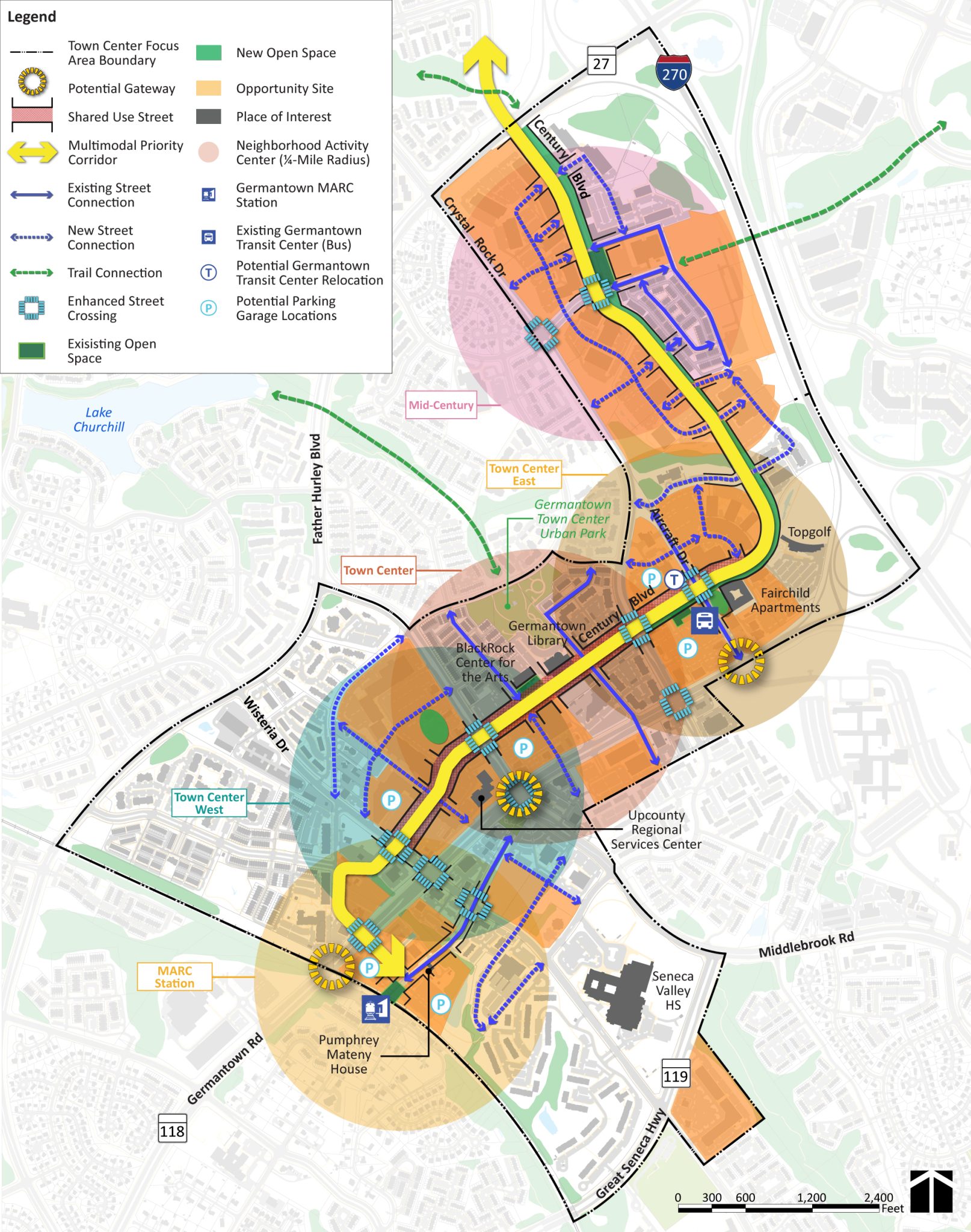 Map of Germantown Core Area showing proposed development ideas, zoning areas, key roads, transit zones, landmarks, and project boundaries with color-coded regions and icons.