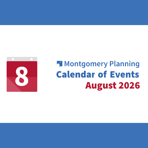 A red calendar icon with the number 8 next to text reading "Montgomery Planning Calendar of Events August 2026" on a blue and white background, highlighting upcoming Montgomery Planning activities.