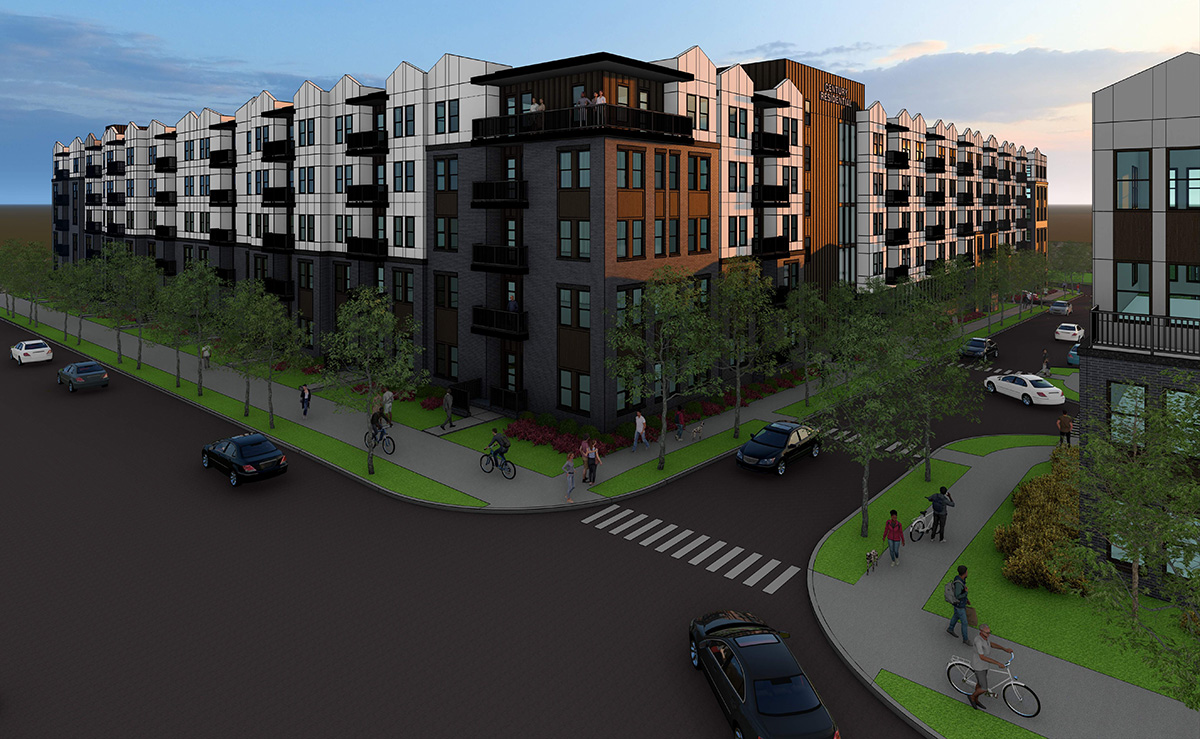 Modern multi-story apartment complex with balconies, surrounded by trees, cars, bicyclists, and pedestrians on a city street at sunset.
