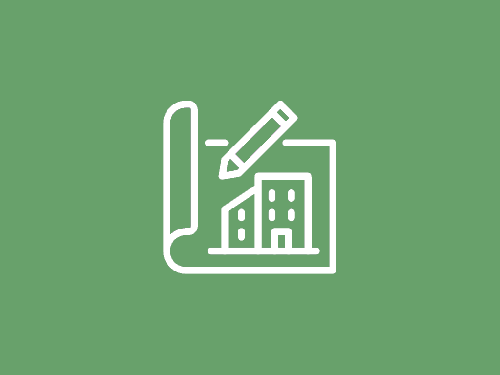 White line drawing of a pencil and architectural blueprint with a building icon on a green background, representing Development Applications.